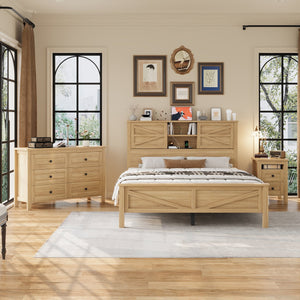 English Elm 3-Pieces Bedroom Set Full Size Farmhouse Platform Bed with Storage Headboard, Nightstand & Dresser Natural 46.25 L x 9.25 W x 9 H N733S369037M