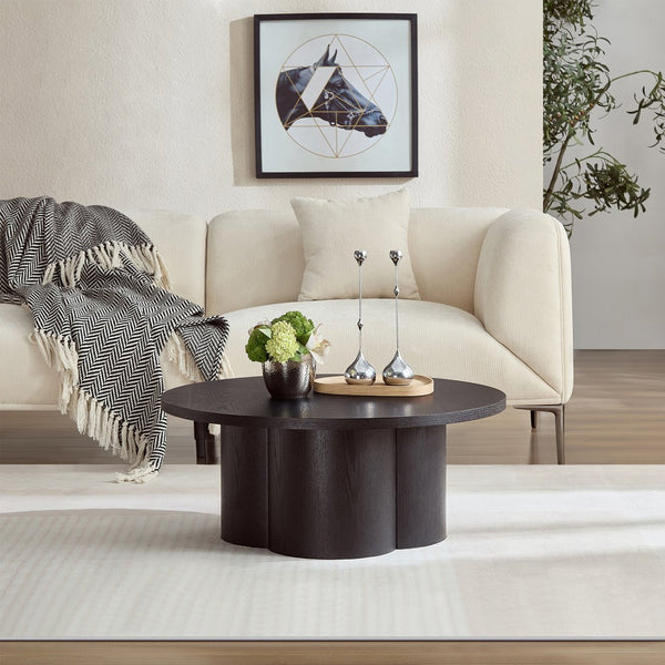 English Elm Round Wood Grain Coffee Table with Curved Bentwood Legs for Modern Living Rooms Black W2085P400929