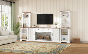 English Elm 3-piece Farmhouse Entertainment Center with Curved Cabinets Walnut Mdf Modular Living Room White N721S000068K