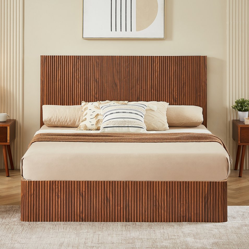 English Elm Queen Storage Bed Walnut Finish Hydraulic Lift Corrugated Wood Headboard No Box Spring W1820S00041