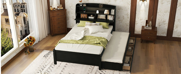 English Elm Full Size Wooden Led Platform Bed With Trundle, Storage Headboard & Usb Charging In Espresso Finish N820S10009D