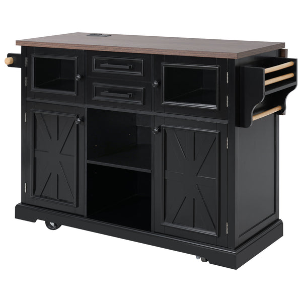 English Elm K&K 54.9" Farmhouse Kitchen Island Cart with Drop Leaf, Charging Station, Barn Doors & Glass Pane Black N707P300277B