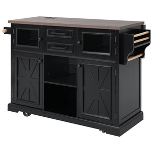 English Elm K&k Farmhouse Rolling Kitchen Island with Barn Doors Power Outlet and Drop Leaf Black N707S300277B
