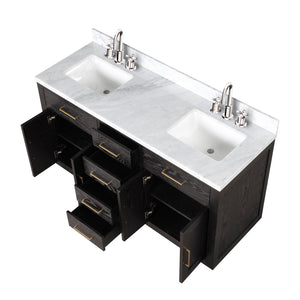 English Elm Black Oak Double Bath Vanity With Carrara Marble Top & Chrome Faucets - Elegant, Functional Design B2731P260838