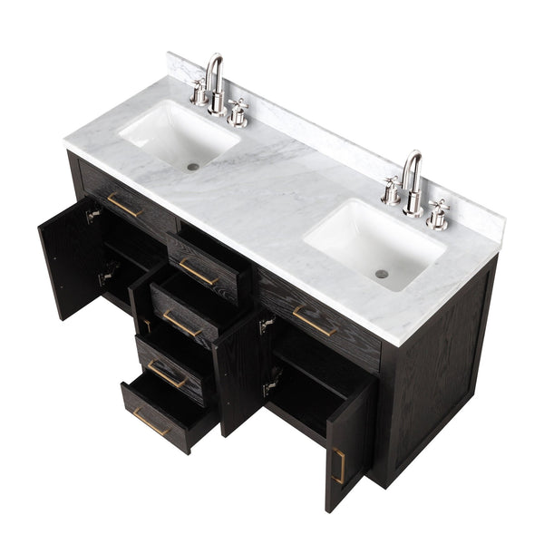 English Elm Black Oak Double Bath Vanity With Carrara Marble Top & Chrome Faucets - Elegant, Functional Design B2731P260838