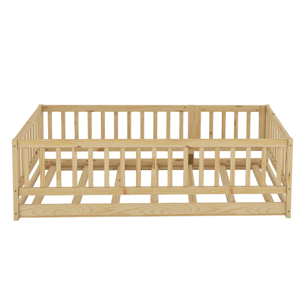English Elm Twin Oak Montessori Floor Bed with Fence & Door, Twin Slatted Pine Frame, Low Profile for Kids (Natural) W1820P349300