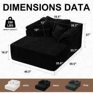 English Elm 60 Inch Oversized Corduroy Cloud Chaise Frameless Deep Seat Lounge for Living Room Black W1919P499870