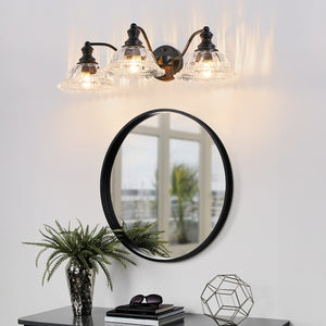 English Elm 24 Vintage 3-Light Wall Sconce with Iron and Glass Shades – Stylish Hardwired Vanity Fixture for Bathroom Mirror Black W2312P374844