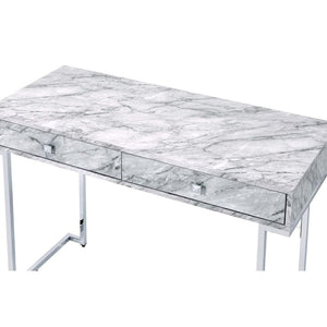 English Elm Rectangular Modern Writing Desk With Chrome Base And Luxe White Faux Marble Top For Stylish Offices B016P311828-GIGA