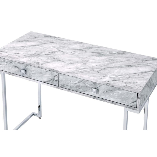 English Elm Rectangular Modern Writing Desk With Chrome Base And Luxe White Faux Marble Top For Stylish Offices B016P311828-GIGA