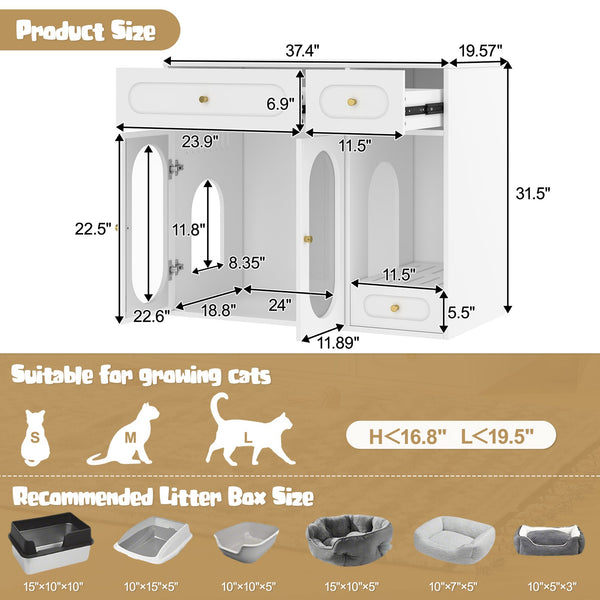 English Elm Cat Litter Box Cabinet with Led Lighting Acrylic Doors and Drawer Storage End Table White N704P402444K