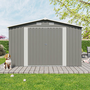 English Elm Campcraft Galvanized Steel Outdoor Storage Shed with Lockable Doors and Four Air Vents Light Gray W1598S00023