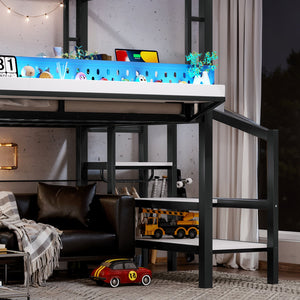 English Elm Twin Metal Loft Bed with Built-in Wardrobe Storage Stairs Led Lights and Usb Ports W5316S00047