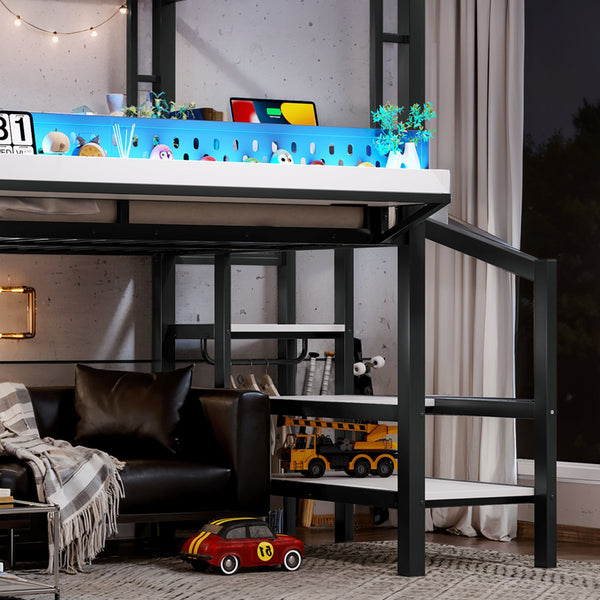 English Elm Twin Metal Loft Bed with Built-in Wardrobe Storage Stairs Led Lights and Usb Ports W5316S00047
