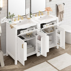 English Elm Modern 48 Inch Freestanding Bathroom Vanity Dual Ceramic Sinks Soft Close Gold Handles White N729P000008K
