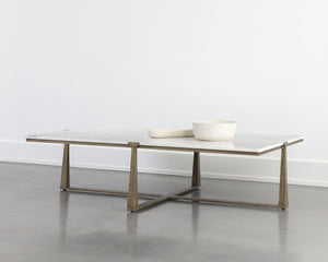 Sunpan Cowell Coffee Table - Mid-Century Modern Design with Unique White Marble Top & Antique Brass Legs
