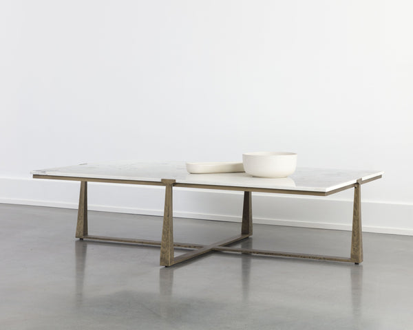 Sunpan Cowell Coffee Table - Mid-Century Modern Design with Unique White Marble Top & Antique Brass Legs