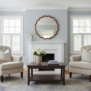 English Elm Yellowish Wavy 30" Round Solid Wood Frame Mirror with Tempered Glass — Rustic Elegant Vanity Accent W2203P389076