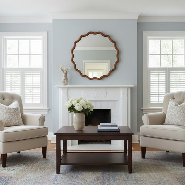 English Elm Yellowish Wavy 30" Round Solid Wood Frame Mirror with Tempered Glass — Rustic Elegant Vanity Accent W2203P389076