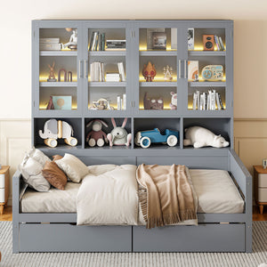 English Elm Full Size Wooden Daybed With Stylish Led Lighting, Glass Storage Cabinets & Versatile Shelves In Gray N820S00051E
