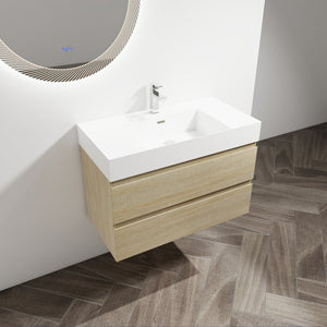 English Elm 36" Wall-Mounted Bathroom Vanity With Resin Sink & Soft-Close Drawers For Modern Spaces W999S00198