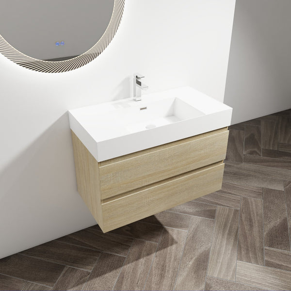 English Elm 36" Wall-Mounted Bathroom Vanity With Resin Sink & Soft-Close Drawers For Modern Spaces W999S00198