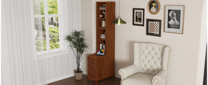 English Elm End Table With Built-In Charging, 3 Drawers & 4 Open Shelves For Smart, Organized Living Space W2593P289148