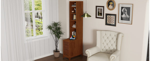 English Elm End Table With Built-In Charging, 3 Drawers & 4 Open Shelves For Smart, Organized Living Space W2593P289148