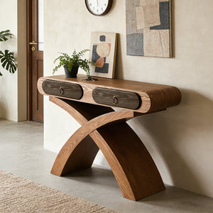 English Elm Ashwood Veneered Console Table with X Frame Legs and Two Drawers for Entryway Halls W3040P455736