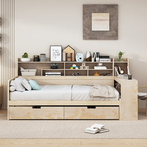 English Elm Wooden Full Size Daybed With Storage Shelves, Multi-Functional Bed With Two Storage Drawers and Study Desk, Natural