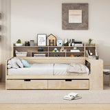 Full Size Daybed with Storage Shelves, Drawers, Study Desk - Natural Wood