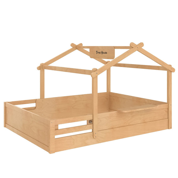 English Elm Queen House Shaped Kids Floor Bed Pine Wood Frame with Guardrails and Personalized Headboard Natural W1580P396335