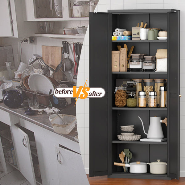 English Elm 2 Door Steel Pantry Cabinet Powder Coated Finish Gold Hardware Adjustable Shelves Tall Storage Black T3625P366653
