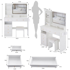 English Elm 41" Luxury Vanity Table Set With Stool, Integrated Power, Led Mirror & Hair Dryer Stand - Stylish Design W936P230832