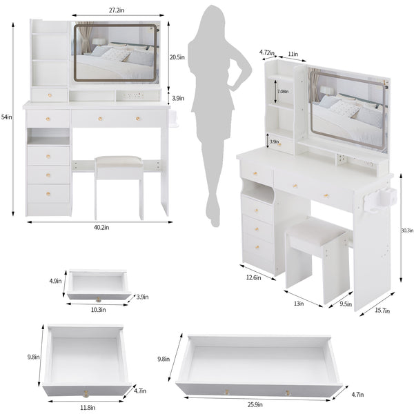 English Elm 41" Luxury Vanity Table Set With Stool, Integrated Power, Led Mirror & Hair Dryer Stand - Stylish Design W936P230832