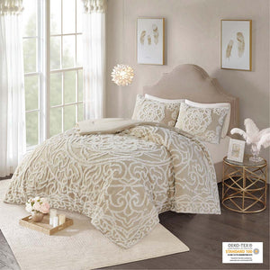 Madison Park Laetitia Shabby Chic Tufted Cotton Chenille Medallion Comforter Set MP10-7115 Taupe