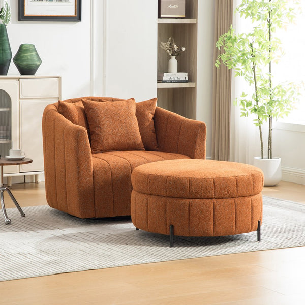 English Elm 39"w Swivel Barrel Club Chair with Channel Tufted Chenille and Round Storage Ottoman Set Orange W3118S00048