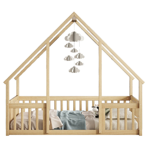 English Elm Full House-Shaped Floor Bed with Fence and Guardrails, Pine Wood Play Loft for Imaginative Kids Retreat Natural W504P143295