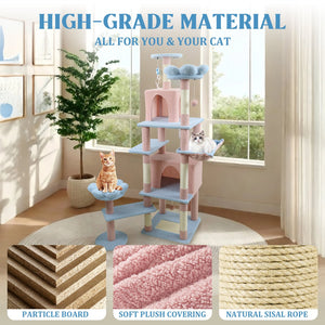 English Elm 71 Inch Floral Cat Tower with Condo Hammock Sisal Posts and Plush Perches for Large Breeds Blue W243P326628