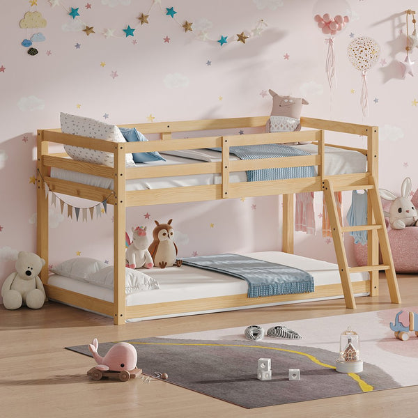 English Elm Kids Twin Low Loft Bed with Built-In LED Strip, Solid Pine Convertible Bunk Frame, Modern Durable Design Oak W1820P331924
