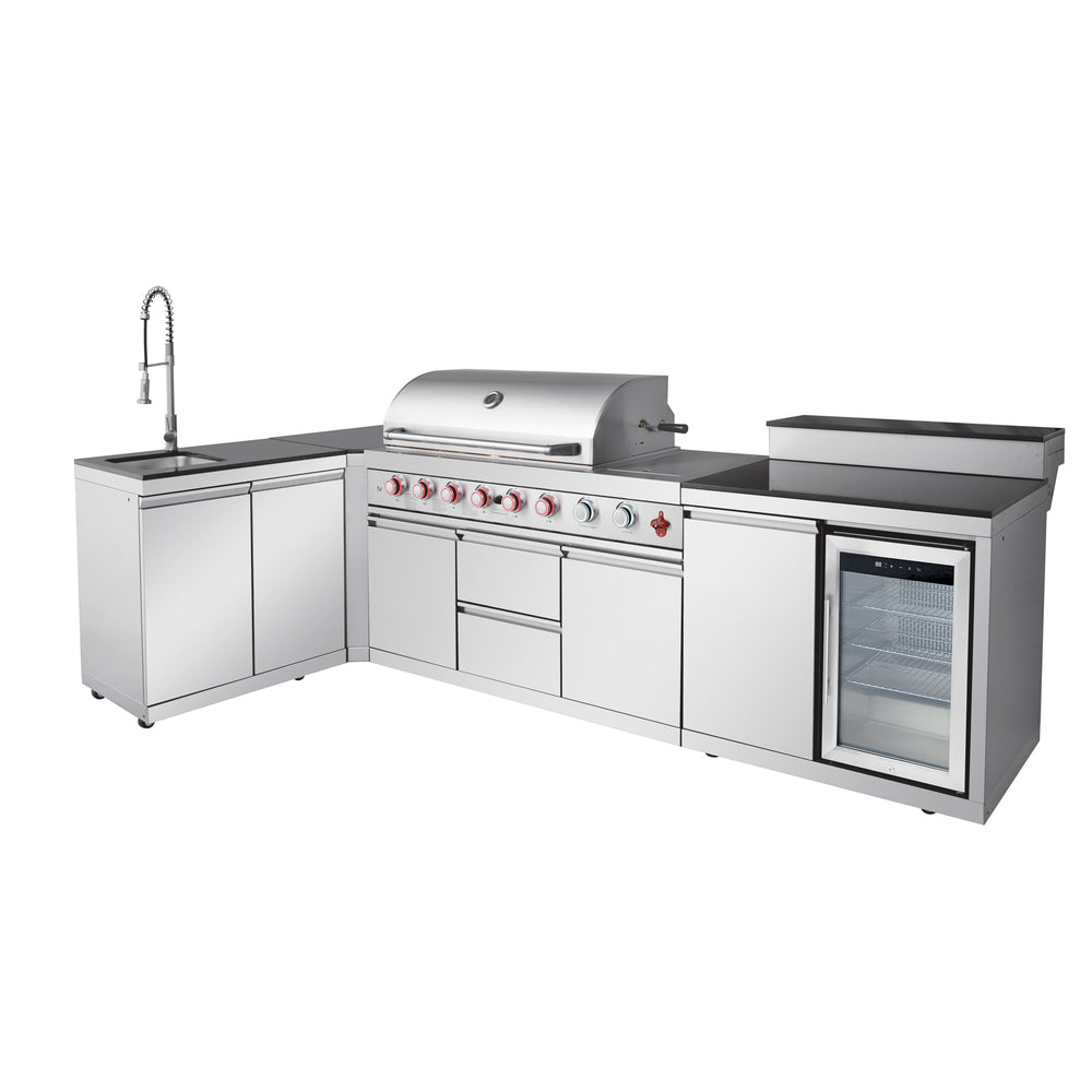 English Elm Outdoor Stainless Steel Grill Island with Sink Refrigerator and Built-in Bar Table W5007S00015