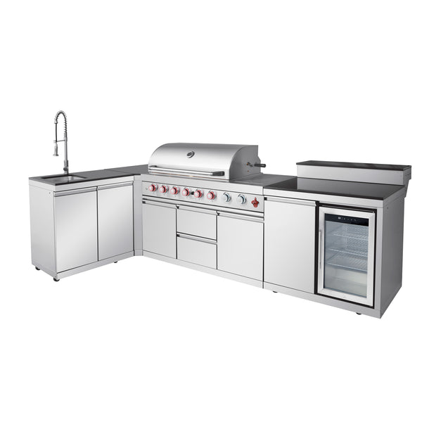 English Elm Outdoor Stainless Steel Grill Island with Sink Refrigerator and Built-in Bar Table W5007S00015