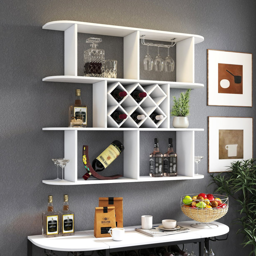 English Elm Large Rustic Wood Wall Mounted Wine Rack with Three Shelves and Stemware Rail White W331P277923