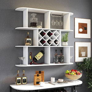 English Elm Large Rustic Wood Wall Mounted Wine Rack with Three Shelves and Stemware Rail White W331P277923