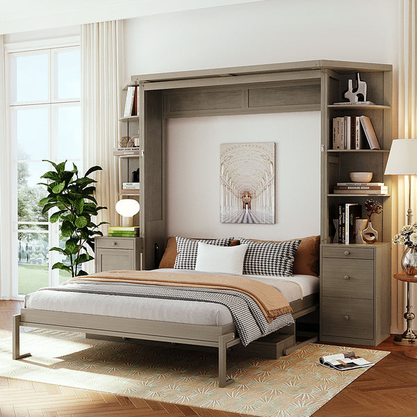 English Elm Queen Murphy Bed with Integrated Desk Cabinet Storage Wall Unit for Home Office Gray LP000739AAE