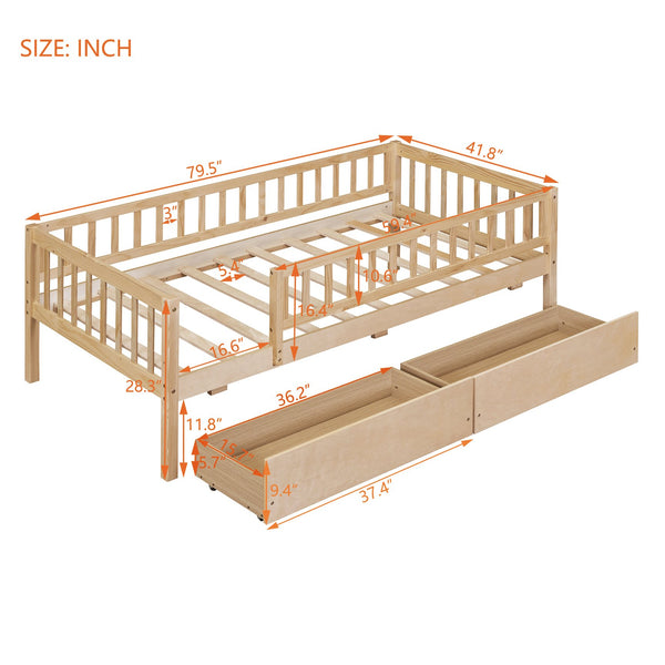 English Elm Twin Pine Wood Daybed with Storage Drawers for Guest Room or Studio Space Natural WF301864AAN