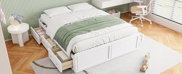 English Elm Wood Queen Size Platform Bed Frame with 6 Drawers for Storage, Sturdy Pine/MDF Slat System, 500lb Capacity White N709P241723K