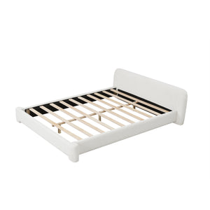 English Elm [cozy White Boucle Platform Bed Low Profile Birch Frame for Modern Bedroom N769P348244A