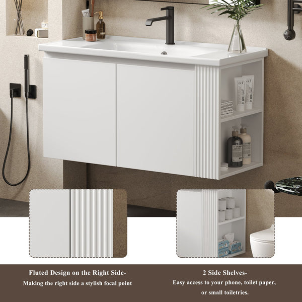English Elm Christopher Knight Home® - 36" Modern Wall-Mounted Bathroom Vanity with Ceramic Sink, Soft-Close Doors, Fluted Accent & Open Shelves White N817P245322W