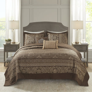 English Elm 5 Madison Park Bellagio Reversible Jacquard Bedspread Set Queen with Gold Accents, Quilted Luxury Bedding Brown+Gold 23.23 L x 17.72 W x 9.84 H B03597514